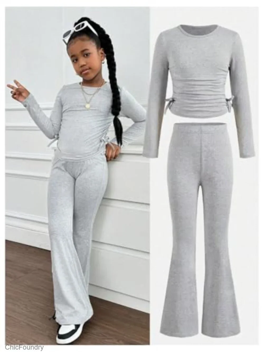 Girl's Two Piece Outfit Rib Knit Tee & Flare Leg Pants Set